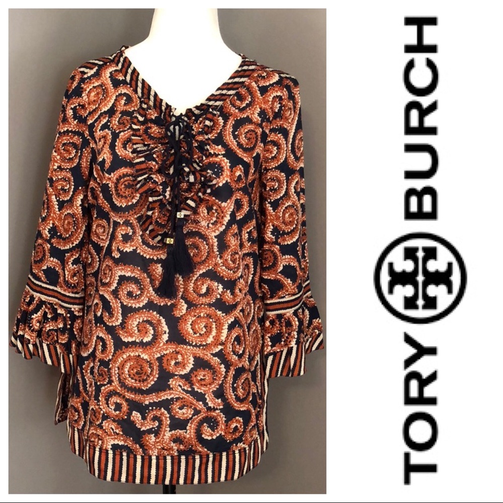 TORY BURCH top ruffle trim ties with T logo sz 6